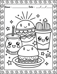 Cute Monster  fast food Coloring Pages For Kids. High resolution (300 DPI), ready to print on standard 8.5x11 inch paper  With No Bleed, Black and White Vector illustration AI, EPS, PNG, JPEG.