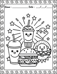 Cute Monster  fast food Coloring Pages For Kids. High resolution (300 DPI), ready to print on standard 8.5x11 inch paper  With No Bleed, Black and White Vector illustration AI, EPS, PNG, JPEG.