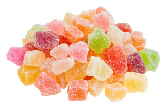 Candied fruits. Candied peel heap isolated on white background. Tutti frutti. Variety pile of multicolored gummy fruits. Colorful, cubed, candied fruits. Sweet and delicious treat.
