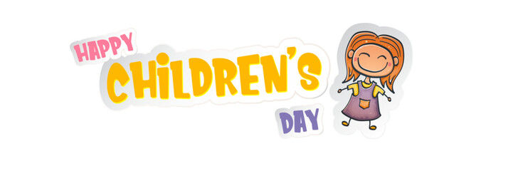 1 JUNE World childrens day background with little funny cute girl isolated on white background. Vector happy world childrens day poster concept and wide banner with funny cartoon smiling child