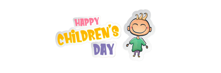 1 JUNE World childrens day background with little funny cute girl isolated on white background. Vector happy world childrens day poster concept and wide banner with funny cartoon smiling child