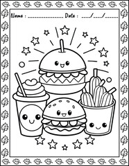 Cute Monster  fast food Coloring Pages For Kids. High resolution (300 DPI), ready to print on standard 8.5x11 inch paper  With No Bleed, Black and White Vector illustration AI, EPS, PNG, JPEG.