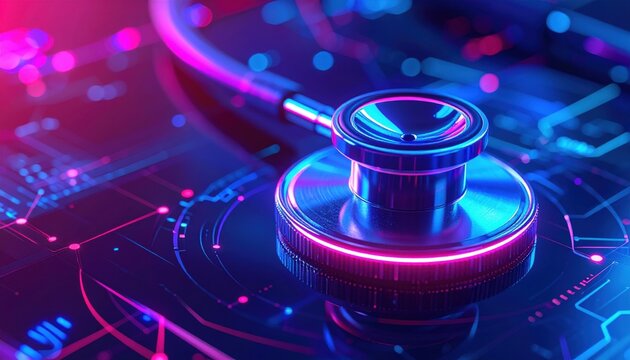 Digital Healthcare: A high-tech stethoscope rests on an illuminated circuit board, creating a visual metaphor for the intersection of medicine and technology, a futuristic representation.