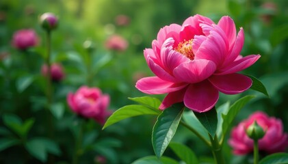 Obraz premium Bold blooming peony blossoms, lush greenery, continuous print , plant, red