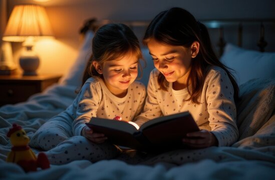 Caucasian female children reading book in bed with night lamp lighting