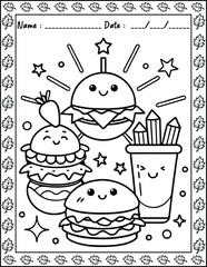 Cute Monster  fast food Coloring Pages For Kids. High resolution (300 DPI), ready to print on standard 8.5x11 inch paper  With No Bleed, Black and White Vector illustration AI, EPS, PNG, JPEG.