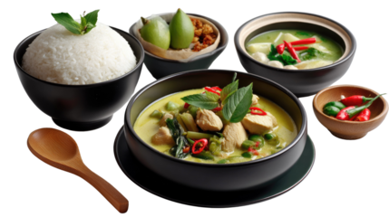 Exquisite Thai Cuisine: An artistic presentation of a rich and flavorful Thai green curry served with jasmine rice, fresh chili and other traditional ingredients. A culinary journey! 