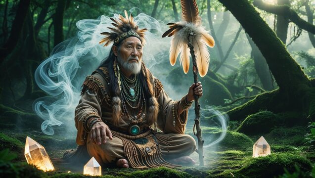 An elderly Asian man, dressed in traditional Native American attire, sits peacefully in a mystical forest setting, surrounded by crystals and ethereal smoke. The scene is serene and spiritual.