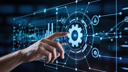 Circular digital interface with gears in the center, surrounded by lines connecting data, messages, databases. A hand element interacts with the center.