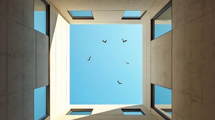 Building architecture blue sky birds flying urban design modern structure open air space cityscape view