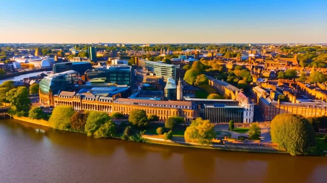 Aerial view of durham cityscape riverbanks buildings and foliage at sunset