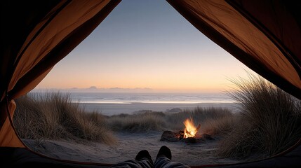 Serene Beach View from Inside Tent at Sunrise with Gentle Waves
