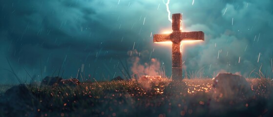Cross with a thunderstorm approaching glowing warmth