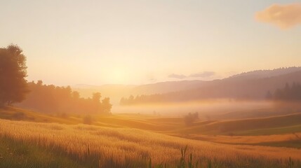 Fototapeta premium Serene sunrise over a misty valley with golden fields and distant mountains, evoking tranquility