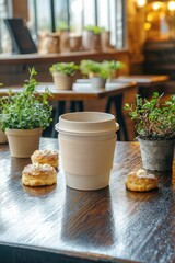 A reusable coffee cup surrounded by pastries and small potted plants on a polished cafe table