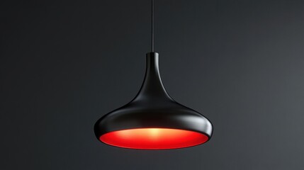 Fototapeta premium Sleek black pendant lamp with warm red inner glow against dark background.