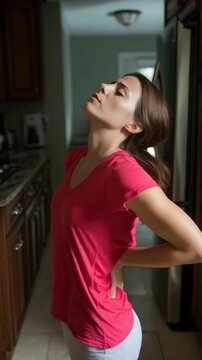 Young adult woman experiencing back pain in kitchen arching her neck, leaning back with hands on lower back for support in home