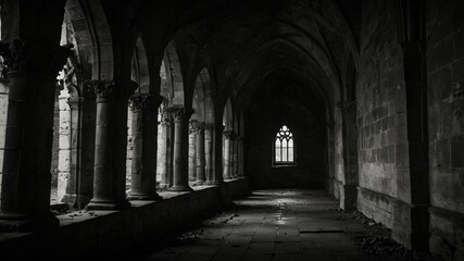 Fototapeta premium Gothic arcade: light streams in through a distant window in an abandoned gothic hall with arches.