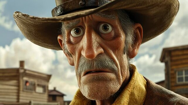 Old Cowboy Face in 3D Animation Western Scene with Gun and Desert Elements