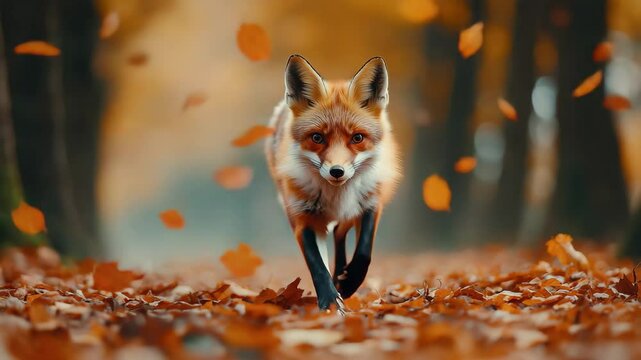 Fox is running through a forest of fallen leaves. Concept of freedom and playfulness, as the fox leaps through the leaves with ease. The autumn colors of the leaves add a warm