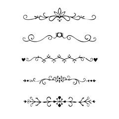 Obraz premium Dividers doodle set. Wedding decorative elements. Hand drawn vector illustration isolated on white background. Text dividers doodle set. Wedding decorative elements. 