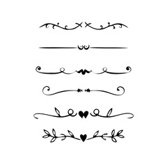 Dividers doodle set. Wedding decorative elements. Hand drawn vector illustration isolated on white background. Text dividers doodle set. Wedding decorative elements. 