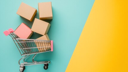 Whimsical shopping scene: a mini cart filled with deliveries on split background