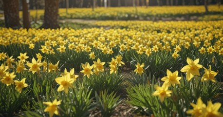 Obraz premium Sunlit daffodil field, vibrant yellow blooms, spring freshness, daffodil, botany