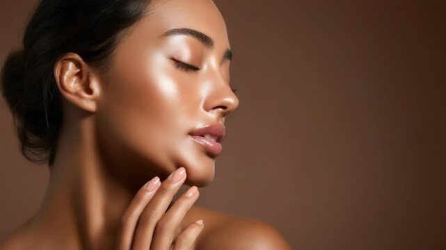 Elegant woman with smooth skin and neutral tone makeup, closed eyes, and hand touching neck against a soft brown background