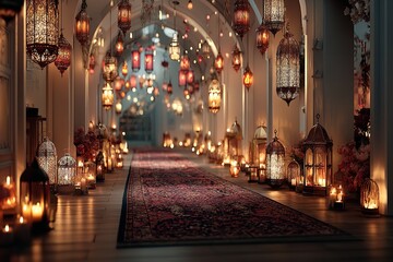 Fototapeta premium Background of a Pathway with Hanging Lanterns for Eid al Adha, Ramadan Kareem, Eid al Fitr, and the Islamic New Year. Generative Ai
