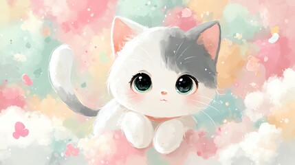 Baby Kitten Illustration floating in the clouds with soft rainbow background, dreamy surreal illustration style