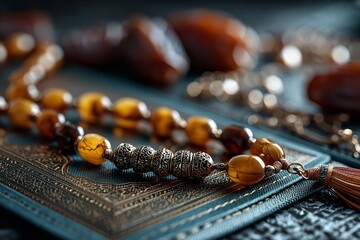 On Arafat Day, prayer beads and rosary are placed on a Quran or sacred text, encircled by dates and the headscarf, signifying spirituality and dedication. Generative Ai