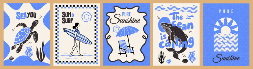 Abstract summer poster or card in doodle style with hand drawn surfer girl with surfboard, whale, sea turtle, sunset in the sea, beach chair and umbrella. Trendy summer design for branding, ads, print