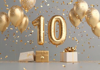 Golden Celebration with Balloons, Gifts, and Confetti for 10th Anniversary