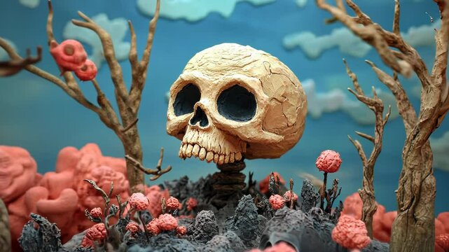 Playful 3D Cartoon Skull Skeleton Animation with Fish and Colorful Reef Elements