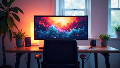 Empty chair facing computer screen, bright room, wireless, bright