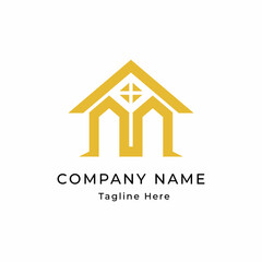 Golden colored real estate logo graphic vector illustration featuring a house roof and letter M shape. Perfect for property companies, home builders, architecture firms and real estate branding.