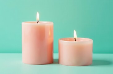 Two pink candles lit against a turquoise background