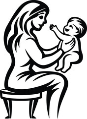Mother sitting on a stool and holding her baby modern vector illustration, mother sitting on a stool and holding her baby silhouette and line art vector