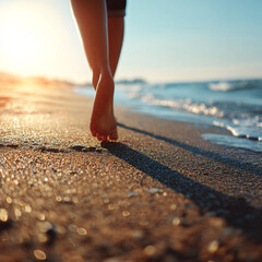 woman walking barefoot on a sunlit sandy beach during summer