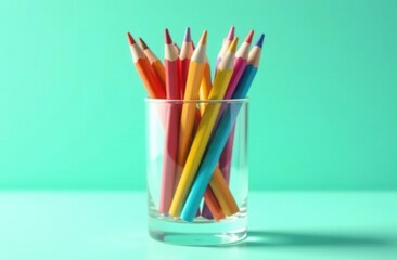 Colorful pencils in glass holder against vibrant turquoise background