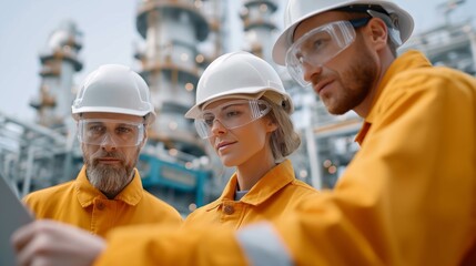 A group of refinery workers in orange coveralls and safety helmets discusses project details. They are focused on a document, surrounded by industrial equipment at the petroleum site