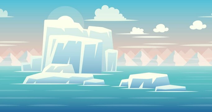 2D Parallax Looping Animation of Ocean and Icebergs Landscape. Antarctic ocean environment panorama, fluffy clouds and distant mountain peaks.