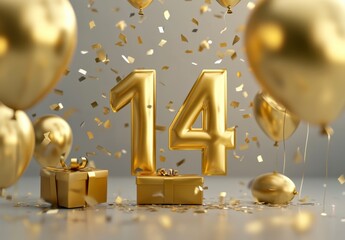 Golden Number 14 with Balloons and Confetti for Celebration Event