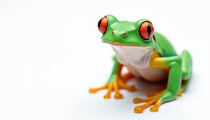 Green tree frog perched on white, vibrant skin, amphibian, isolated