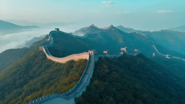 Majestic Aerial View of the Great Wall Winding Through Misty Mountains