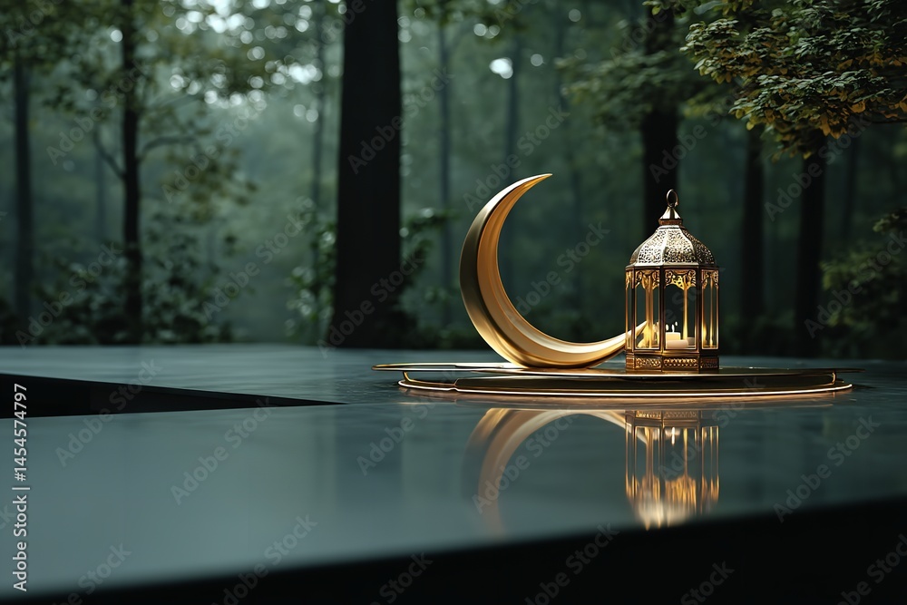 Fototapete a metal table with a gold lamp in the front and a ramadan mubarak backdrop. generative ai
