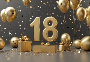 Golden 18th Birthday Celebration with Balloons and Gifts