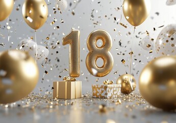 Elegant Celebration for Eighteenth Birthday with Gold Balloons and Confetti