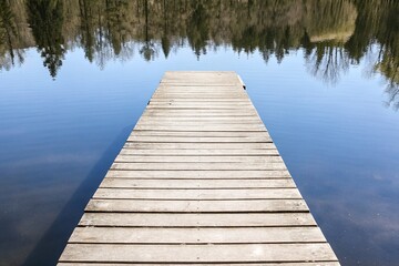 Serene Wooden Dock Over Calm Lake Reflecting Lush Green Trees Under Clear Blue Sky